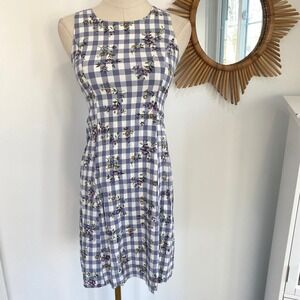 Vintage 90s Made in USA Blue White Plaid Floral Tank Mini Dress 8 XS Cottagecore